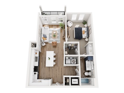 Floor plan for 1 bed, 1 bath, 809 sqft
